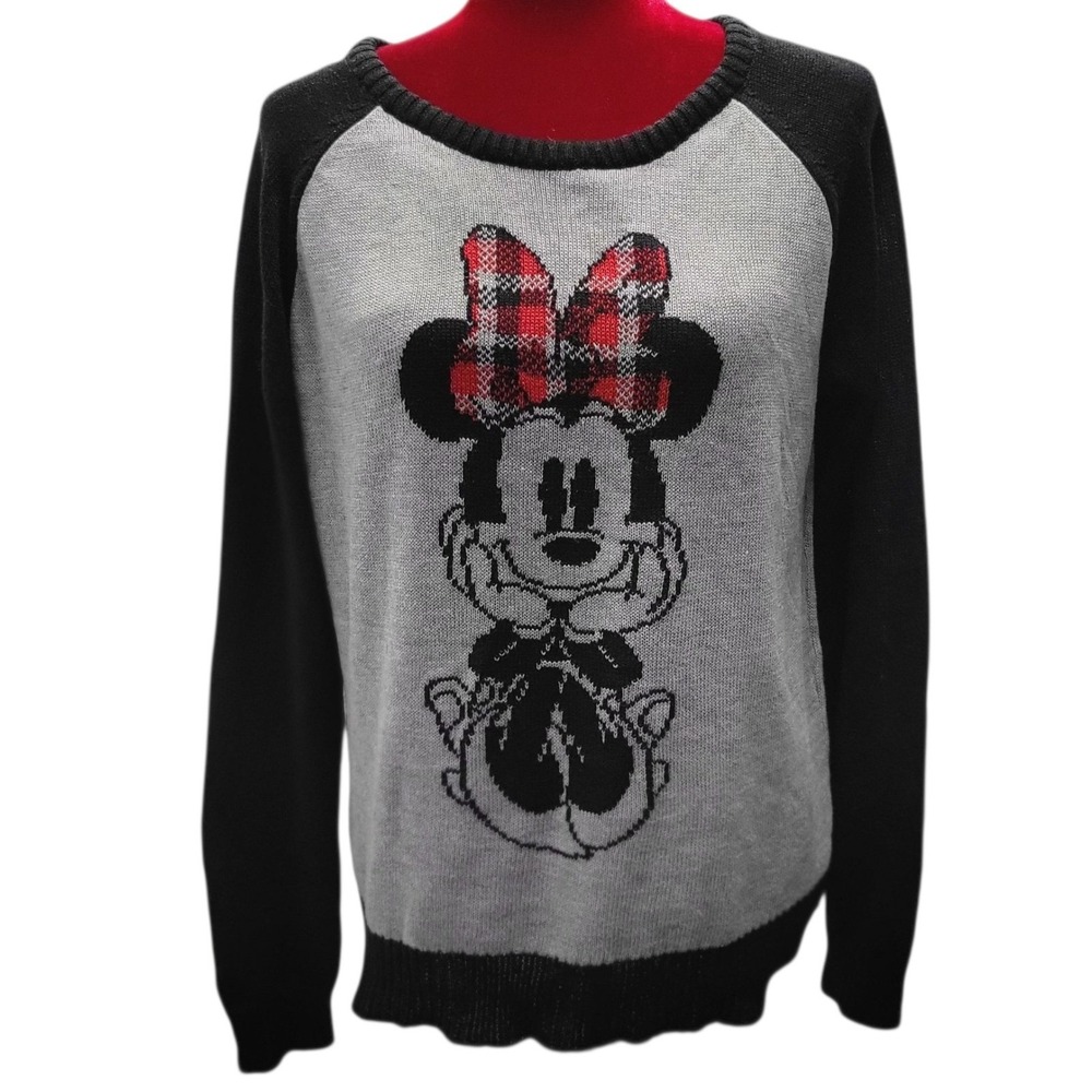 Disney Minnie Mouseā Sweater XXL Pullover Scoop Neck Gray Black Plaid Bow G305